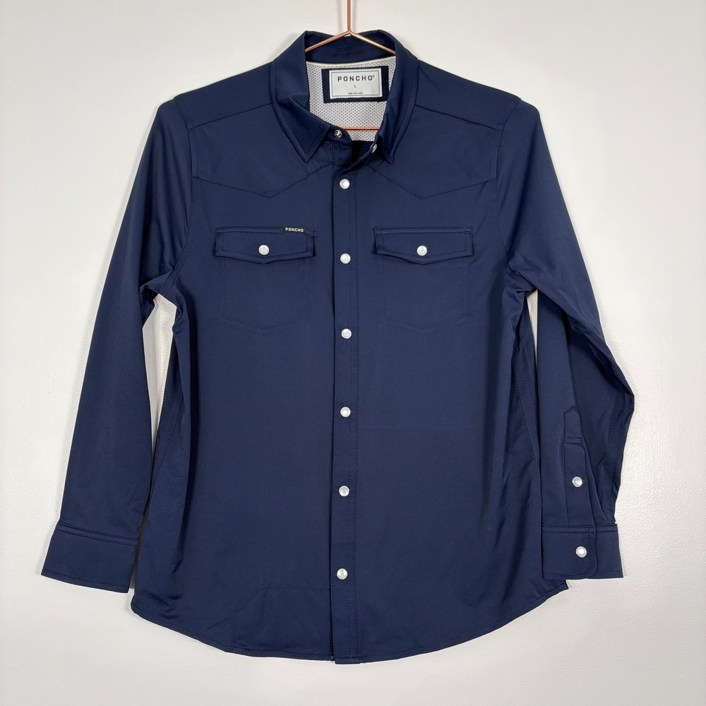 Poncho Boys Western Fishing Shirt L Navy Blue Pearl Snap Performance Stretch